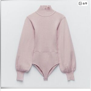 Zara Knit Soft Pink Ribbed Turtleneck Bodysuit Sweater